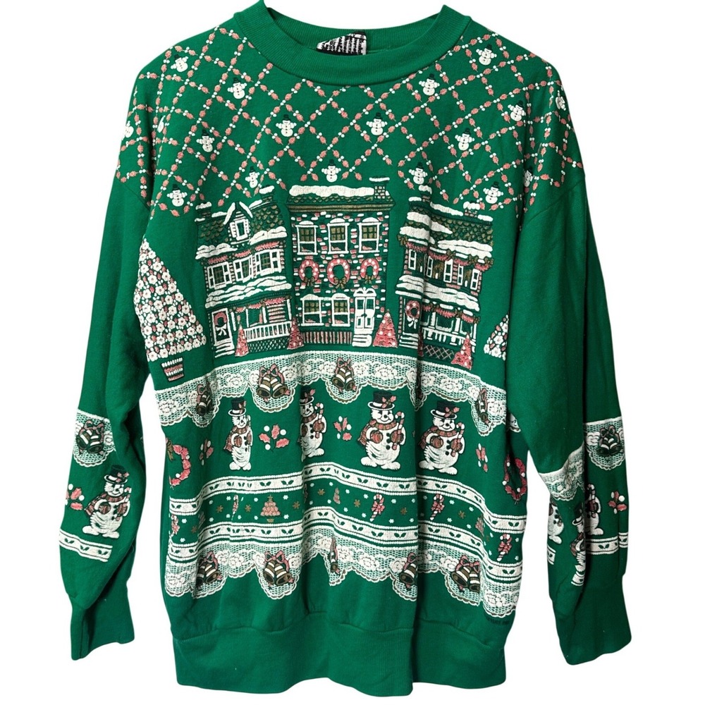 Vintage Green‎ Ugly Christmas Sweater Snowmen Village S/M
